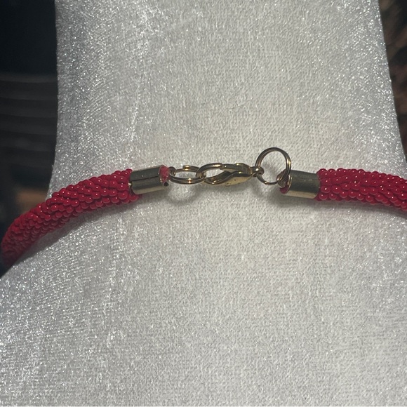 Kumihimo Japanese Beaded Choker Necklace Coral Red Gold Knot Handmade - Picture 10 of 10